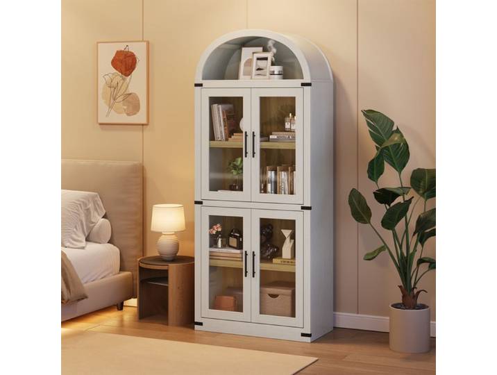 Koioplie Bibliothèque arquée 5 étagères avec portes vitrées – Meuble de rangement en bois style moderne – Blanc antique