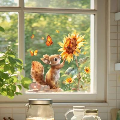 Inspired Living Rustic Watercolor Squirrel & Sunflower Animal Wall Decal For Windows And Home Decor Rustic Watercolor Squirrel & Sunflower Animal Wall Decal For Windows And Home Decor
