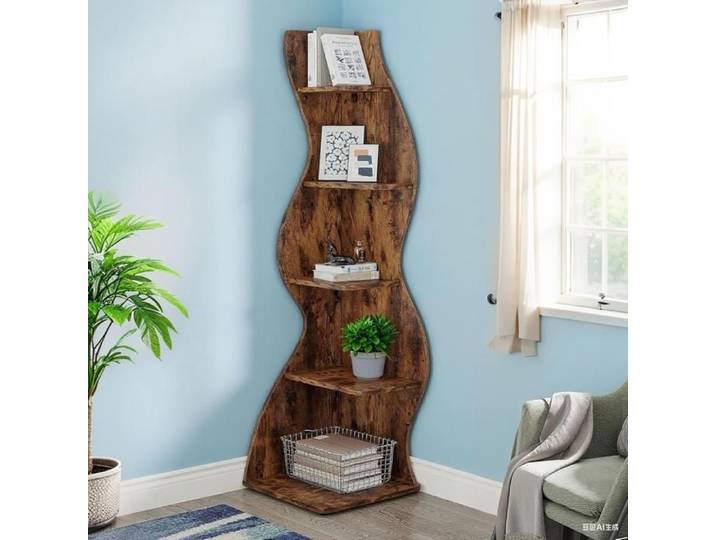 Étagère d'angle Moderne à 5 Niveaux Petite Bibliothèque d'angle élégante avec Forme Unique pour Bureau Salon Marron