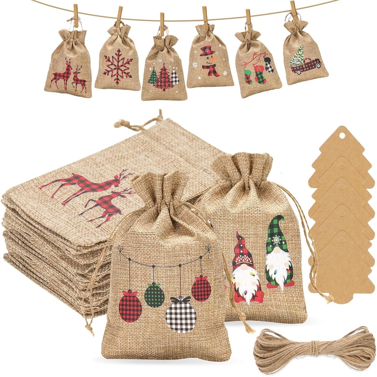 Set van 24 Jute Adventskalender Cadeautassen met Labels voor Sieraden en Kleine Cadeaus