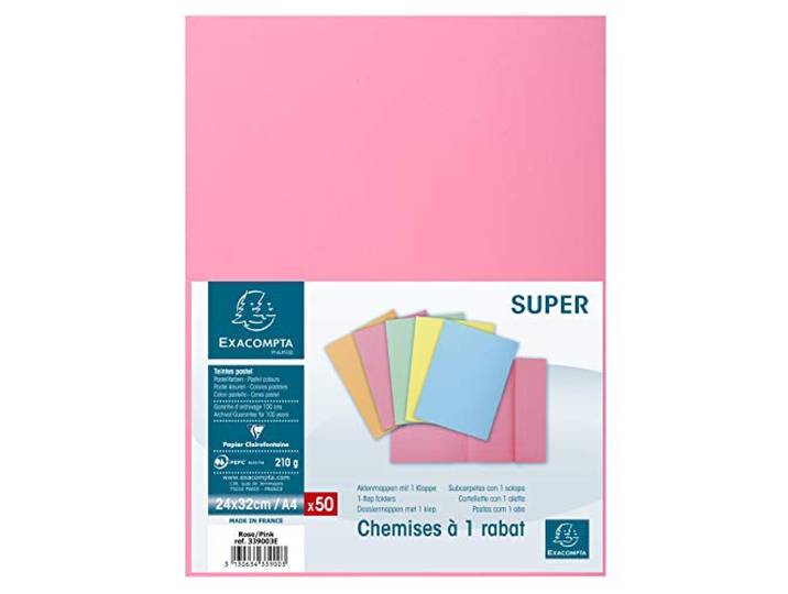 Exacompta 50 Chemises Rigides 1 rabat Super Rose
