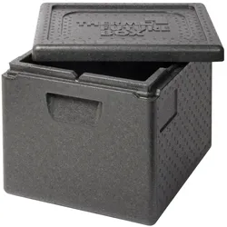 Thermo Future Box, GN 1/2 Premium, Isolierbox schwarz mit Deckel, 257 mm tief, 23 Liter, robust, nachhaltig aus EPP