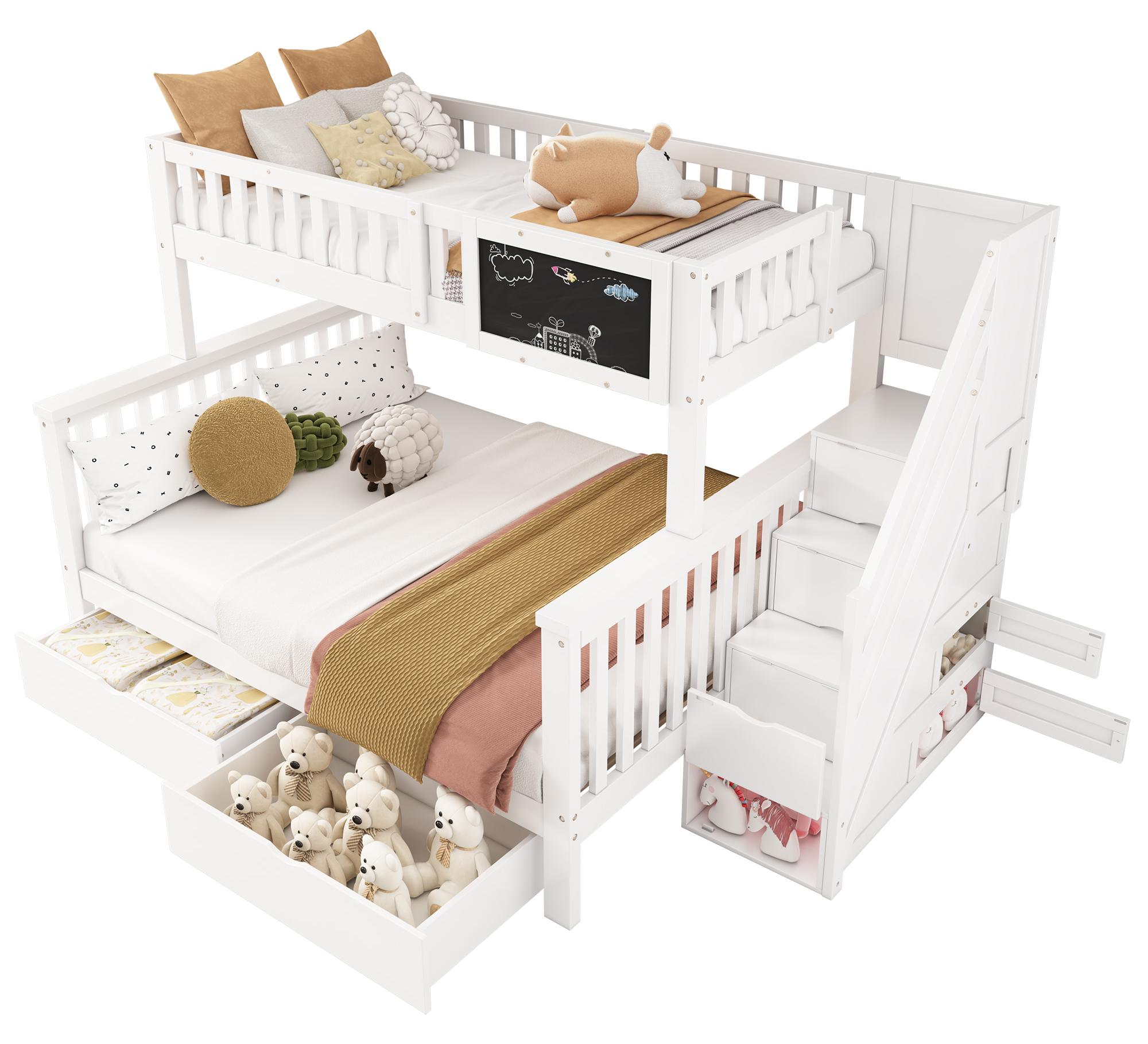 Kinder-Etagenbett mit Tafel, Etagenbett 90x200 und 140x200, weiß, Massivholz, mit Schubladen und Stauraum für Schlafzimmer