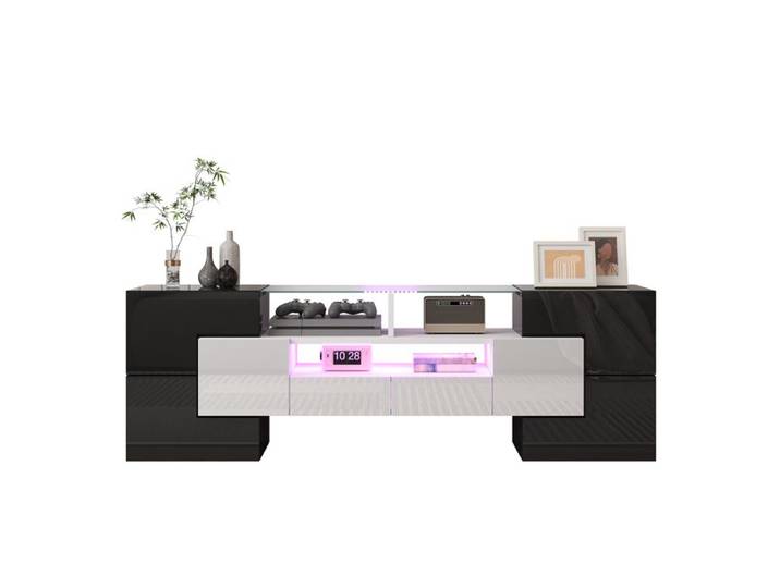 Meuble tv 145 cm blanc brillant led finition verre meuble bas contemporain