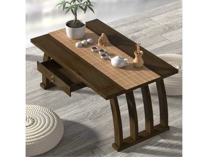 Labasuan Niedriger Bambus-Tatami-Teetisch mit Schublade, geschwungene Beine, japanischer Bodentisch zum Sitzen auf Tatami-Matten(70cm/27.5in)