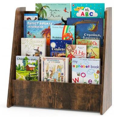Costway 4-Tier Kids Bookshelf with Deep Compartments for Bedroom-Rustic brown