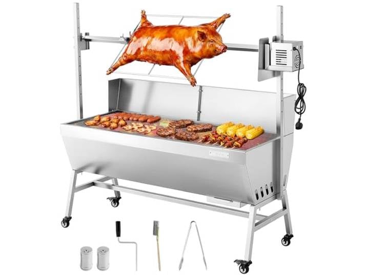 VEVOR Barbecue à Charbon avec Tournebroche Électrique 38 W\, Rôtissoire à Charbon de Bois Charge 60 kg\, avec Roues et 4 Niveaux de Hauteur\, Broche en Acier Inoxydable\, pour Agneau Porcelet\, Extérieur