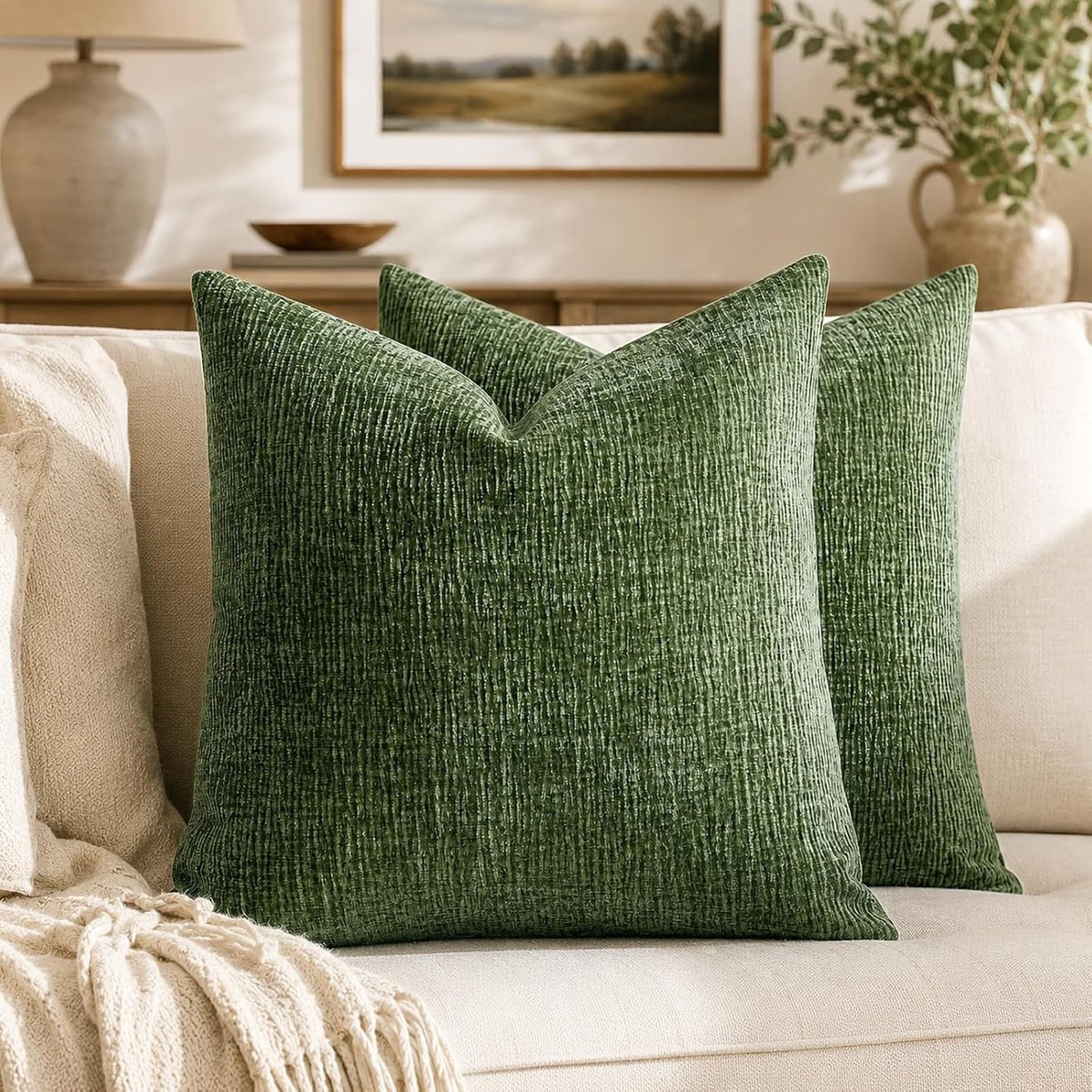 Set van 2 elegante chenille kussenhoezen in olijfgroen