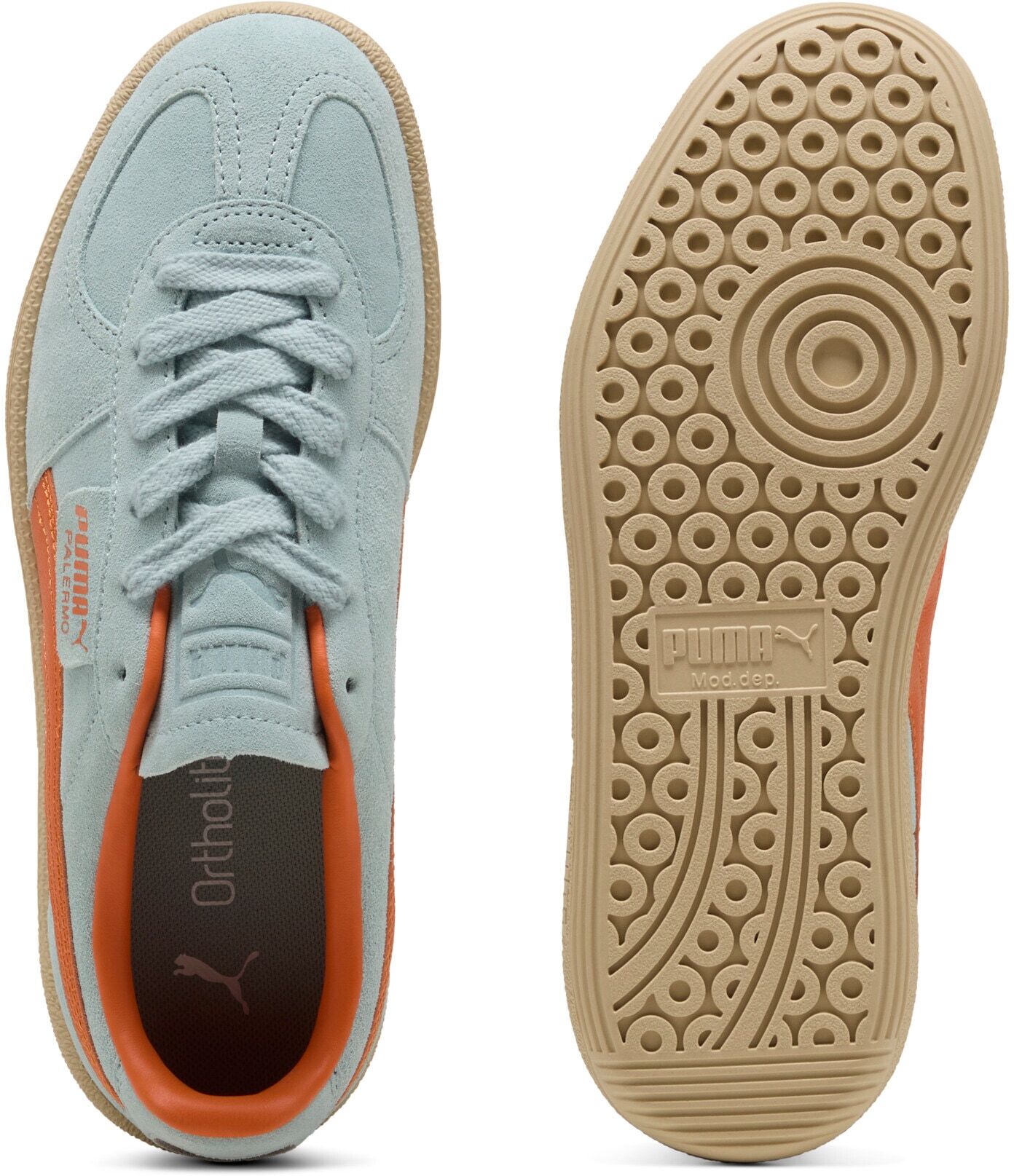 Sneaker PUMA "PALERMO", Damen, Gr. 38, Textil, blau (modern mint, maple syrup), Leder, mehrfarbig, Schuhe Sneaker, für Alltag, aus Leder, mit Schnürverschluss modern mint, maple syrup 38, Textil