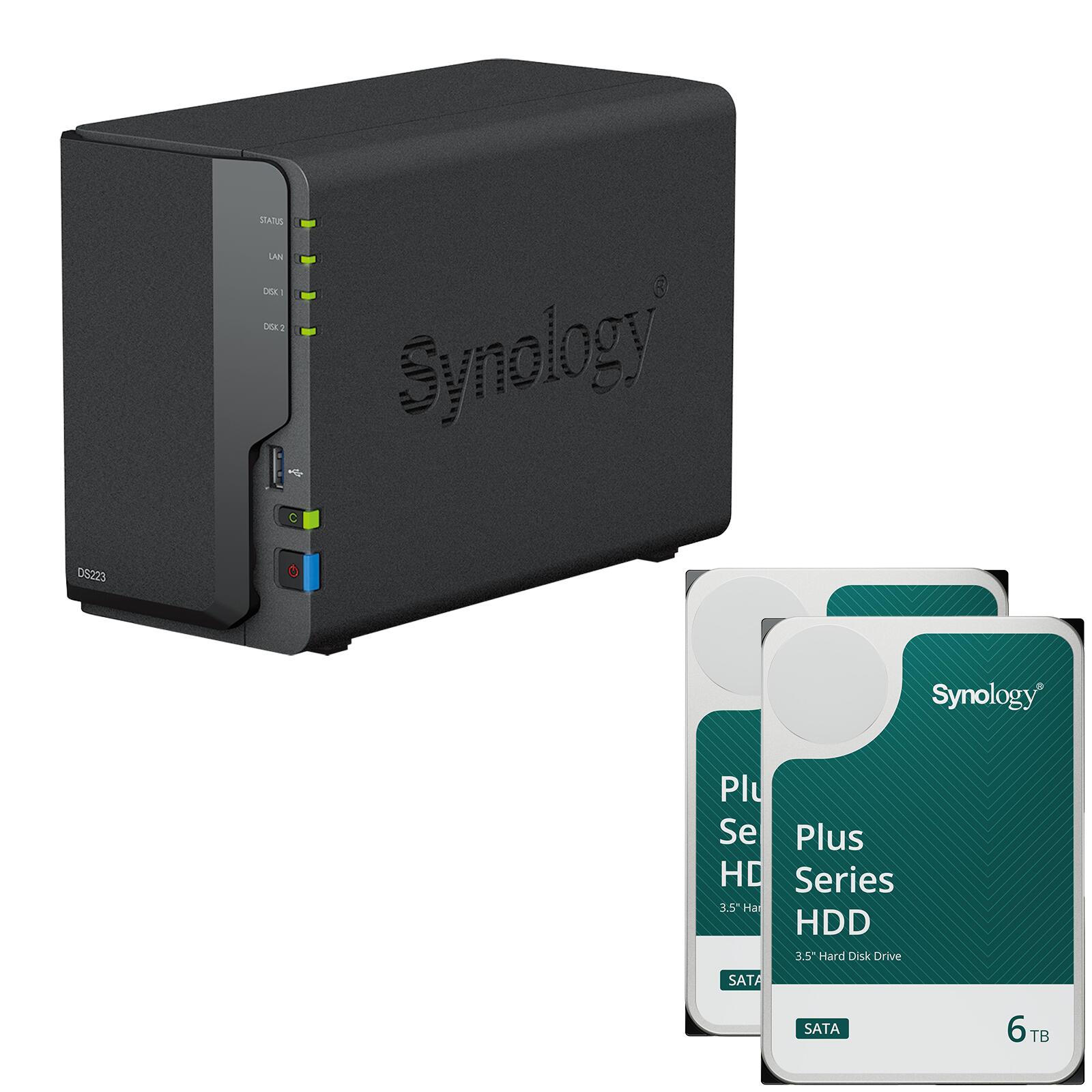 Synology DiskStation DS223 2 Einschübe NAS-Server Leergehäuse + 2x Synology Plus 3.5" SATA HDD Festplatte 6 TB (12TB) DS223 & HAT3300-6T