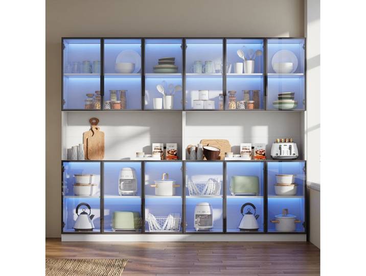 Vitrine 12 Portes En MDF Blanc Vaisselier LED FloraGrace Pour Salon Ou Chambre Avec Soft-Close Et Anti-Basculement 240x34x200cm