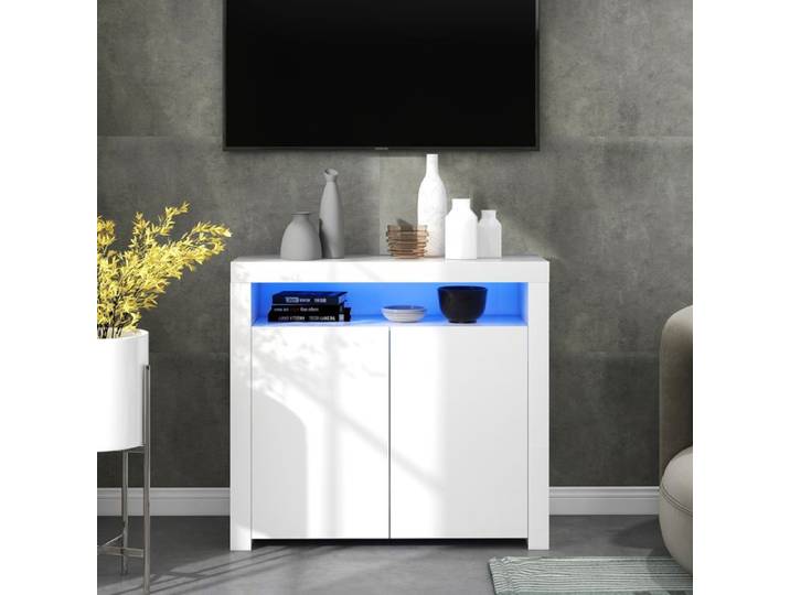 Buffet Commode à LED - 2 Portes - Blanc Brillant - 108x40x92cm
