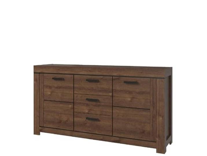 Sideboard Brass 3 Schubladen 2 Türen 160x40x84,5 cm Wohnzimmer Braun Eiche Große, stabile Ablagefläche für Deko oder Technik, vier Böden hinter den Türen, wahlweise links oder rechts öffenbar