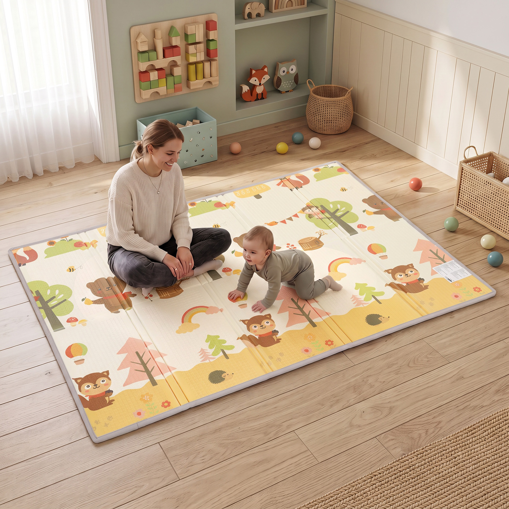 Aiyaplay Tappeto Gioco Bambini 200x150x1.5 cm a Tema Bosco Pieghevole Reversibile in XPE, 0-3 Anni, Multicolore   Aosom Italy