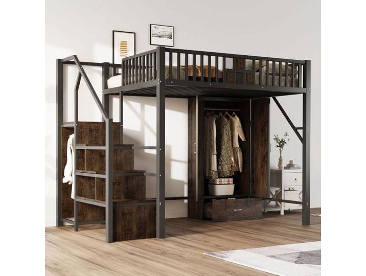 Lit Mezzanine - WESTYLE - 140x200 cm - Grande armoire intégrée - Escalier de rangement - Métal & bois noir