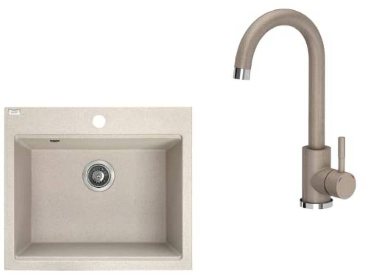 VBChome Spülbecken mit Armatur 57 x 50 cm Einzelbecken beige Granit rechteckig Einbauspüle gesprenkelt großes tiefes Becken Spüle aus Verbundwerkstoff + Siphon + Armatur