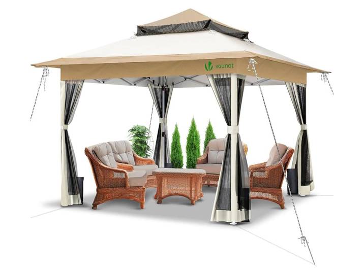 VOUNOT® Pavillon 3\,6 x 3\,6 m\, tente de réception pop-up avec parois en filet et double toit\, pavillon pliable beige