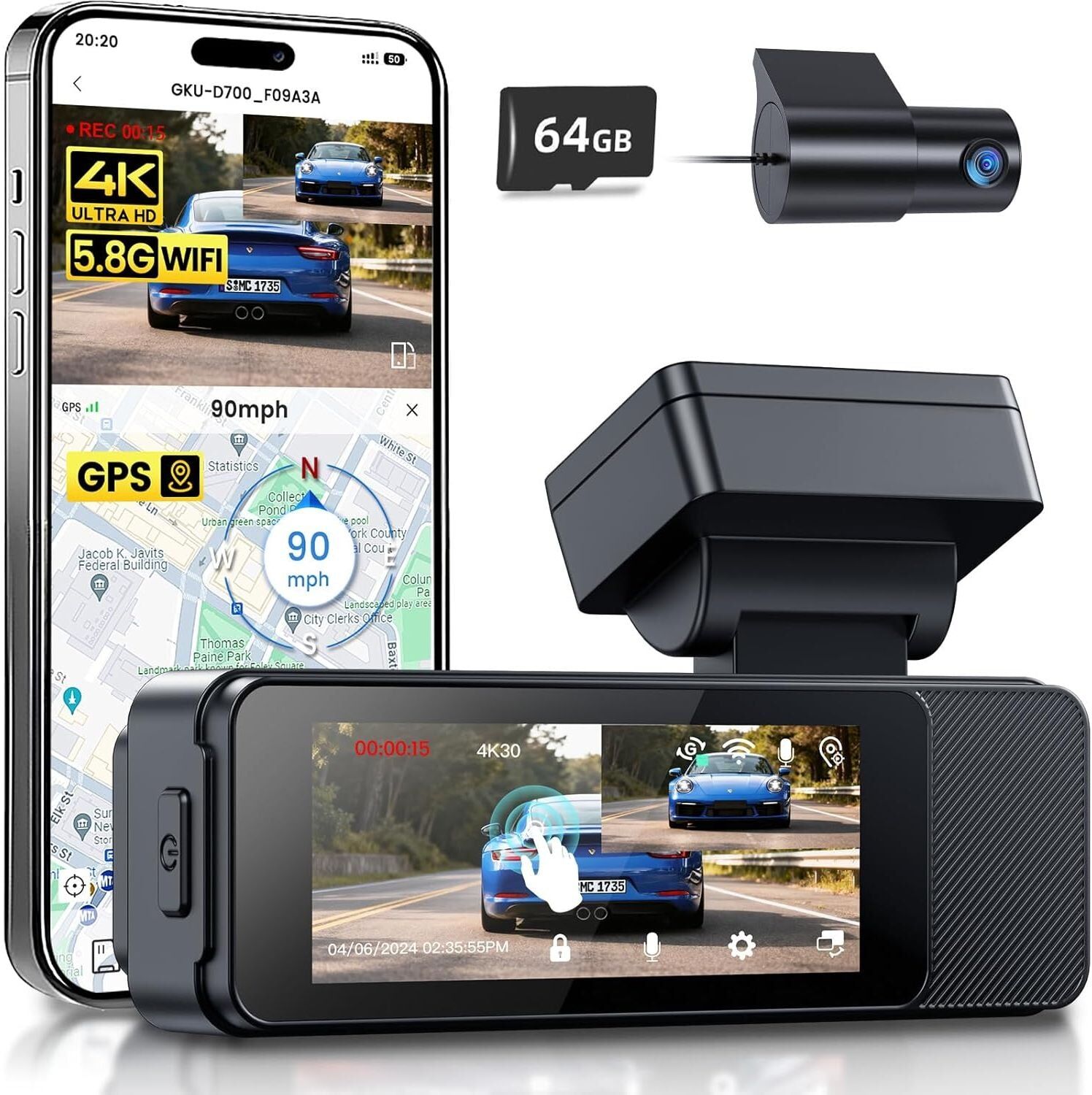 GKU 4K Front & Rear Dash Cam – 5 GHz Wi-Fi Dual Camera Dashcam with 64 GB SD Card, Used - Very Good