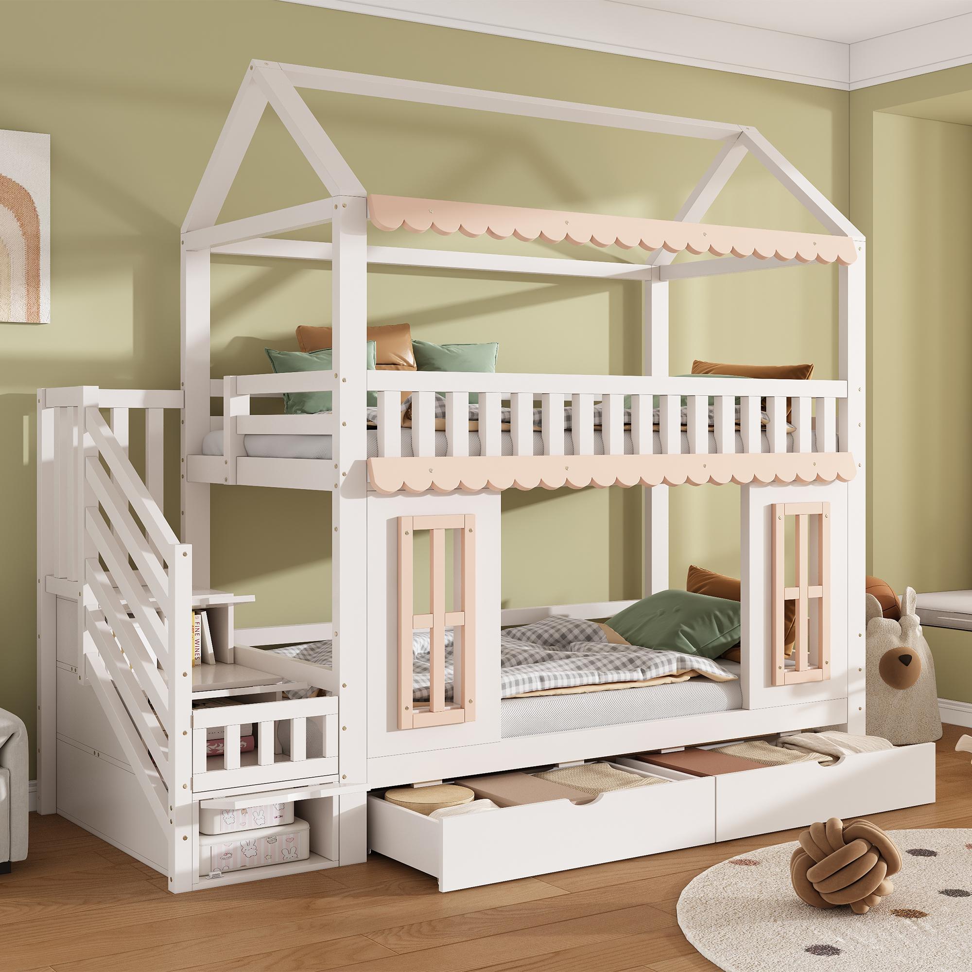 Flieks Etagenbett 90x200cm mit 2 Schubladen, Kinderbett Hausbett mit Fenster und Rausfallschutz, Hochbett Einzelbett mit Treppe, Weiß