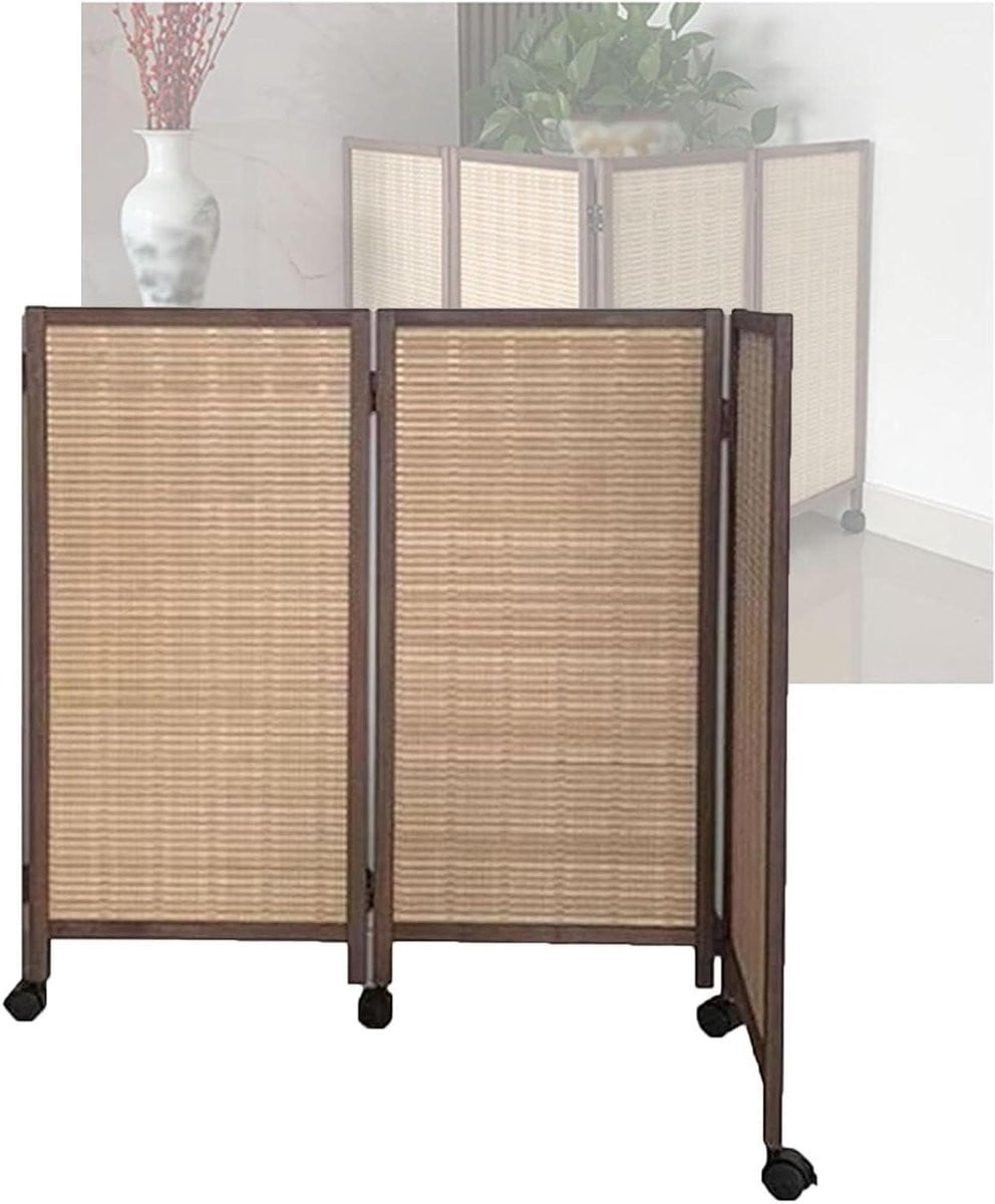 Kamerscherm Bamboe met 3 Panelen en Zwenkwielen - Bruin
