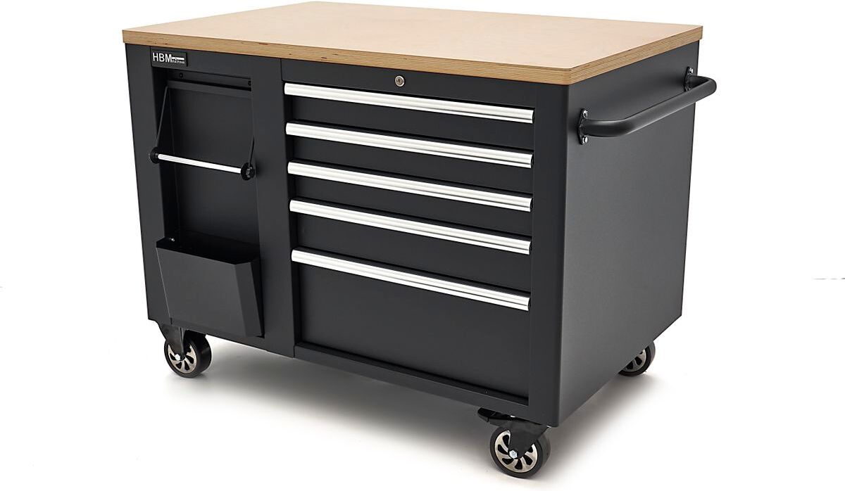 HBM Carrello portautensili mobile, banco da lavoro 114 cm con piano di lavoro in legno, nero