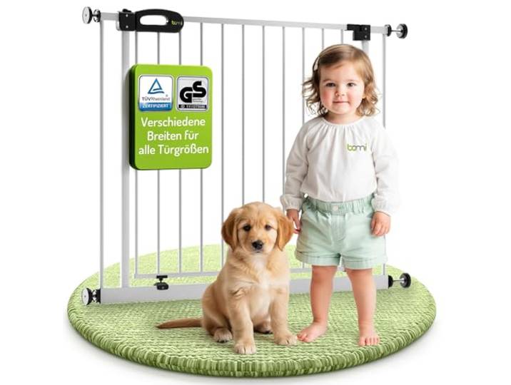BOMI TÜV GS Siegel Kindertreppen Gitter XXL Merle 90° Stop Schließt automatisch Hunde Türschutzgitter BOMI Kindersicherung Hochwertige Treppensicherung für Kinder Breite: 233-241 cm