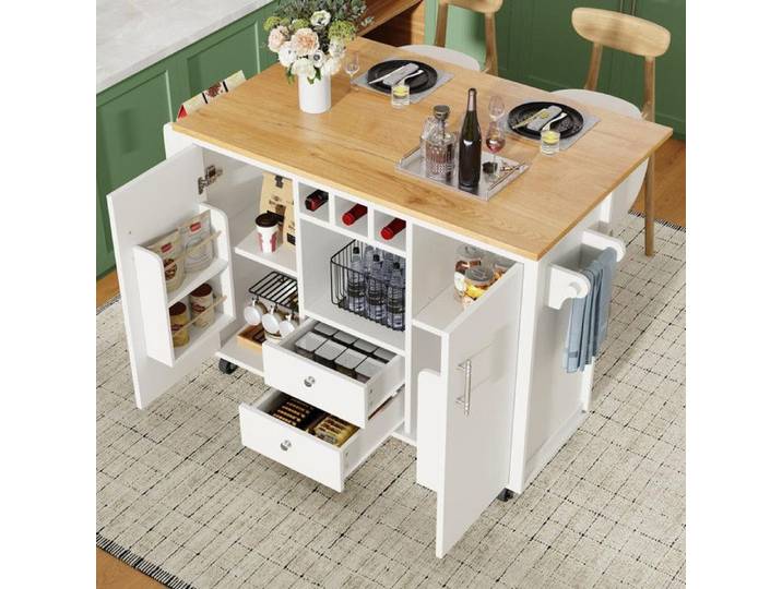 Ilot central cuisine 120x73(45)x92 cm meuble de cuisine chariot de cuisine et plan de travail rabattable avec porte-serviettes