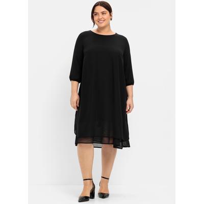 Chiffonkleid SHEEGO "Chiffonkleid", Damen, Gr. 50, Normalgrößen, schwarz, 100% Polyester, unifarben, knielang, Rundhals, Kleider Chiffonkleid