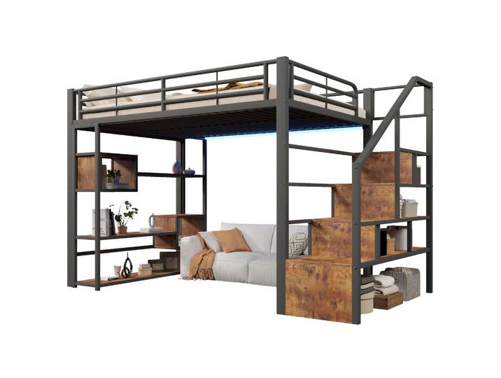 Gisaae Hochbett 140x200 Metall Schwarz mit LED Beleuchtung Treppe Stauraum, Schlafzimmer, Betten