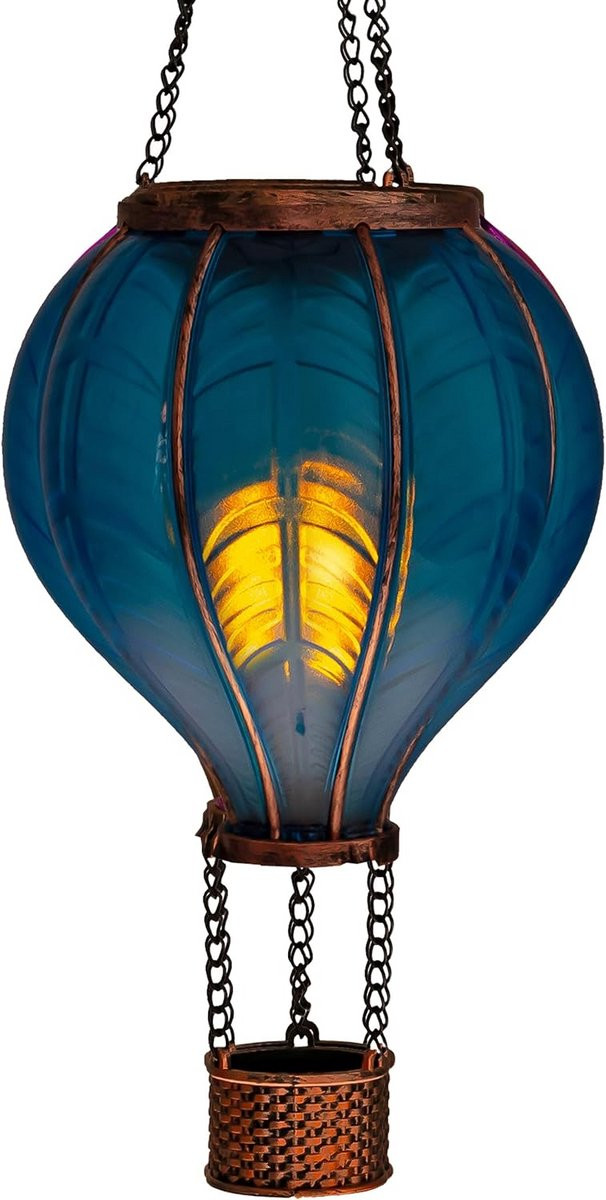 Merkloze LED Solar heteluchtballon met warmwitte verlichting en vlameffect, blauwe tuinlantaarn, Hoogte: 40,5 cm