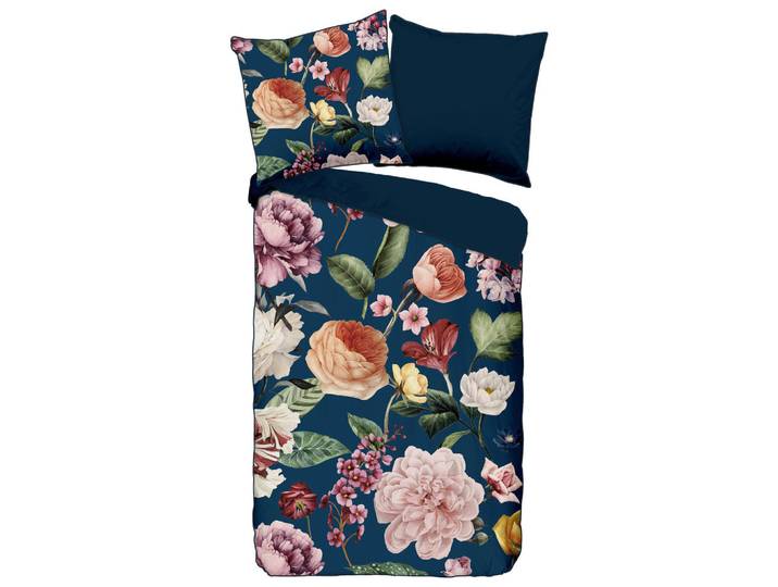 Wendebettwäsche Fiori, Blau, Dunkelblau, Floral, 135x200 cm, atmungsaktiv, Heimtextilien, Bettwäsche & Leintücher, Bettwäsche, Wendebettwäsche