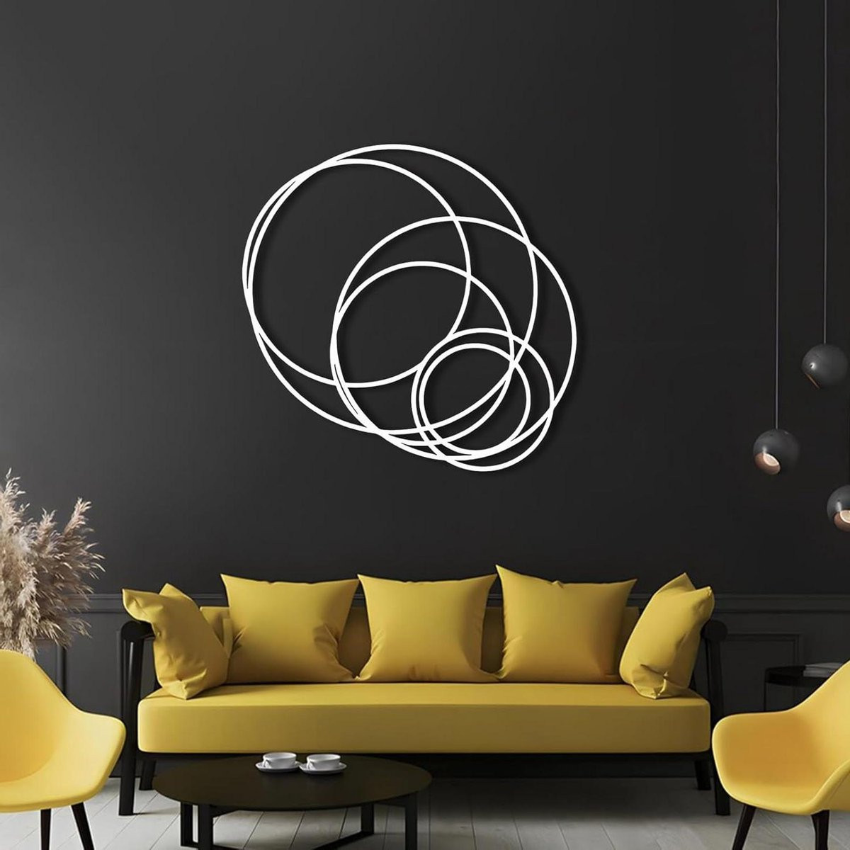 Metalen Muurkunst Ronde Decoratie Wit met Geometrisch Lijnenspel