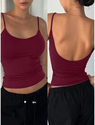 Discount Dollar Deals Women Backless Cami Crop Top, Summer Solid Color Sleeveless Top, Casual Streetwear Fashion claret s