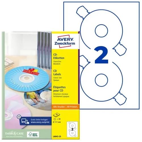 AVERY Zweckform 50 CD-Etiketten L6043-25 weiß