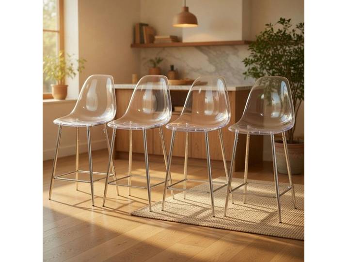 CollaHausse Lot de 4 Tabourets de Bar Transparents Cadre Métallique Design Moderne Argent