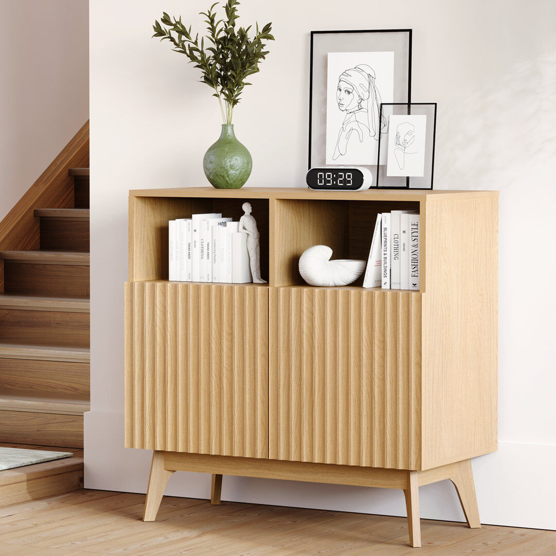 George Oliver 80cm Compact Small Sideboard, Ribbed Door Storage Cabinet Ivory 80cm H X 80cm W X 38cm D