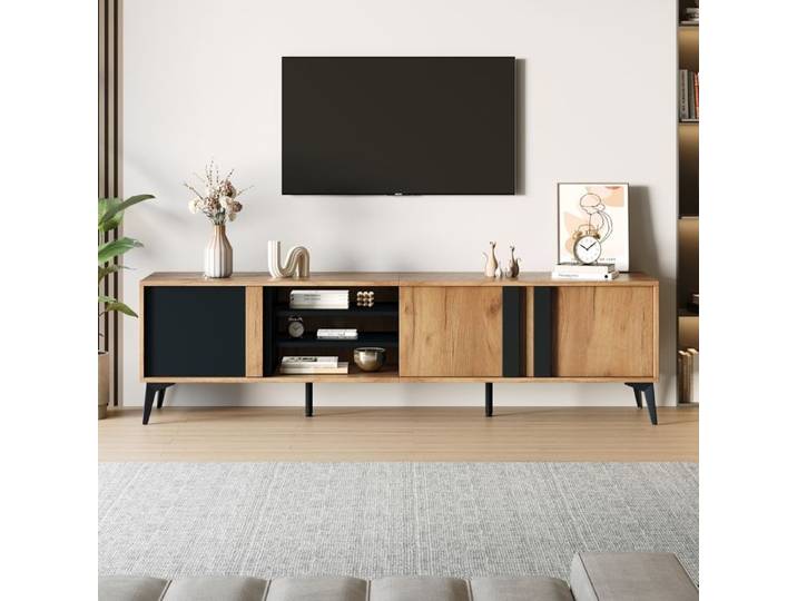 Meuble TV 180cm 3 portes et 4 niches ouvertes Banc TV pour télévision 80 pouces 180x40x50cm noir+marron