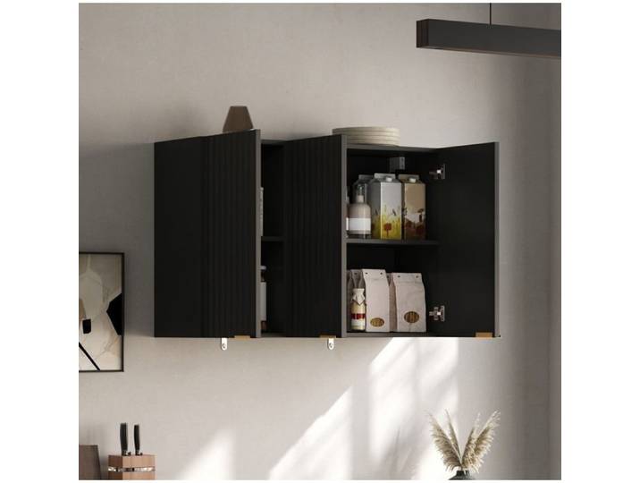 MEUBLIV Armoire murale de cuisine 3 portes noire MDF meuble haut gain de place 90 x 29 x 60 cm