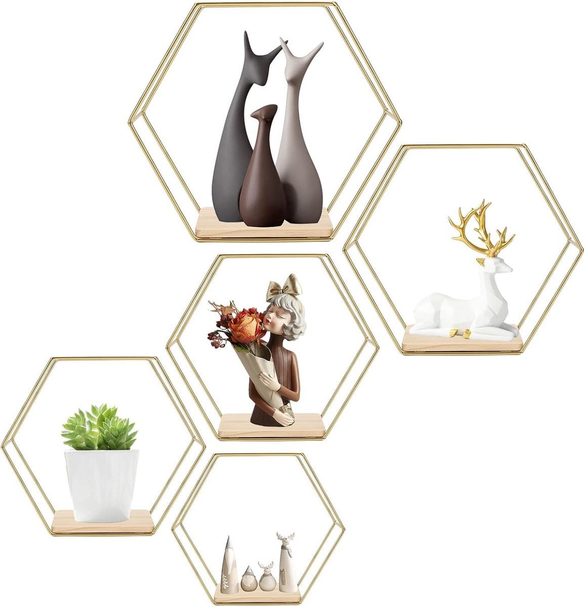 Set van 5 Zeshoekige Wandplanken voor Decoratie en Opslag