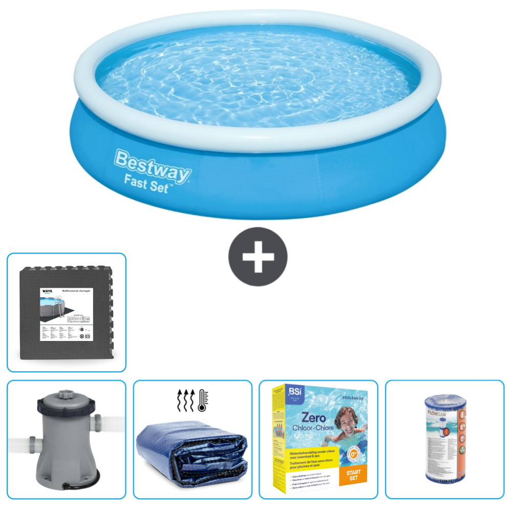 Bestway runder aufblasbarer Fast-Set-Schwimmpool - 366 x 76 cm - Blau - inklusive Pumpe Sonnensegel - Wartungspaket - Filter - Bodenfliesen