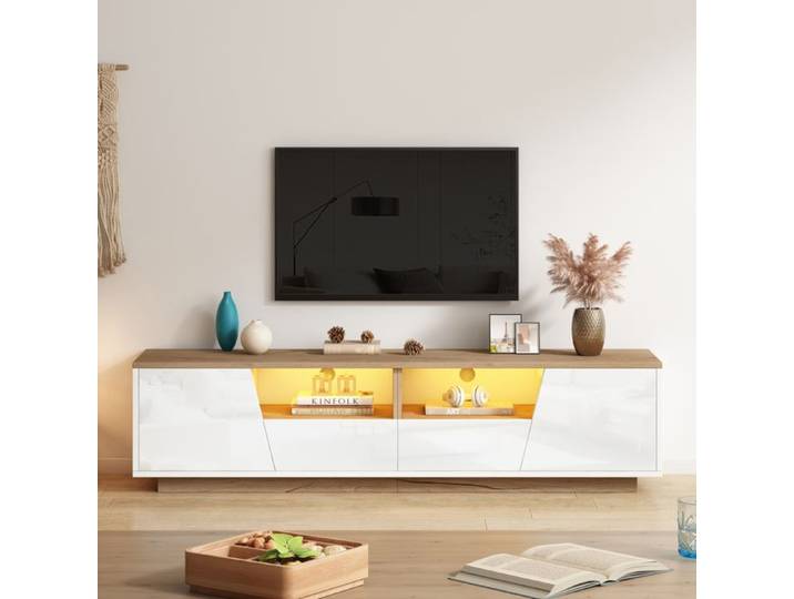 Meuble TV - KOMHTOM - Meuble TV blanc et bois brillant moderne - 2 tiroirs 2 portes - Éclairage LED - Pour TV 75