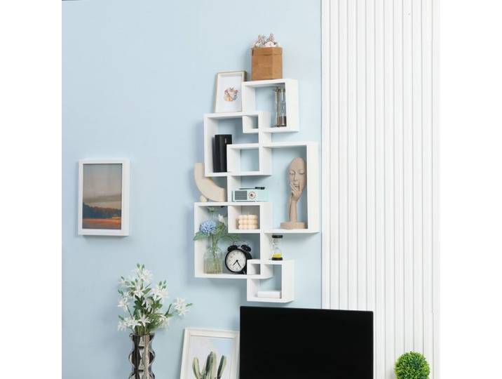 Étagère murale flottante - Style moderne - Bois sapin - 5 cubes entrelacés - Blanc