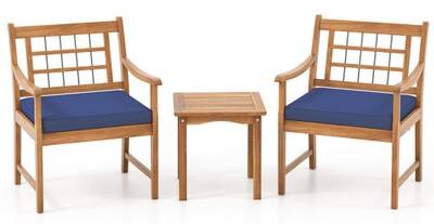 Costway 3 Piece Wood Patio Furniture Set with Seat Cushions and Acacia Wood Frame-Navy
