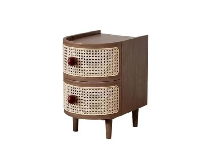 LXLAEOANG Gebogener Nachttisch Aus Walnussholz Mit Stauraum Rattan-Schubladen aus rundem Holz, platzsparende Schlafzimmerdekoration(2 Pumps Walnut)