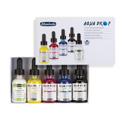 Schmincke AQUA DROP Aquarellfarbe, Kartonset Primärfarben, 5 x 30 ml Flaschen + Opaque White