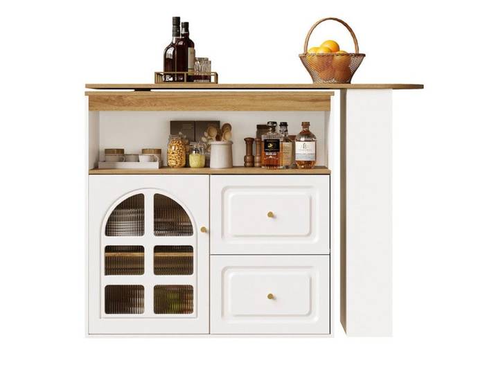buffet rotatif à 360° 2 tiroirs au compartiment de rangement ouvert au buffet rotatif avec étagères et verre voûté blanc