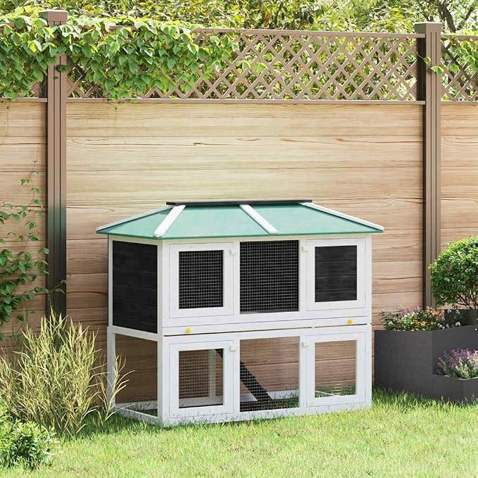 Kleintier-/Kaninchenstall 2 Etagen Holz Kaninchenstall Hasenstall mit Rampe, Hasenkäfig Kleintierkäfig Kleintiergehege Hasenhaus, Hühnerstall Meerschweinchenstall für Garten