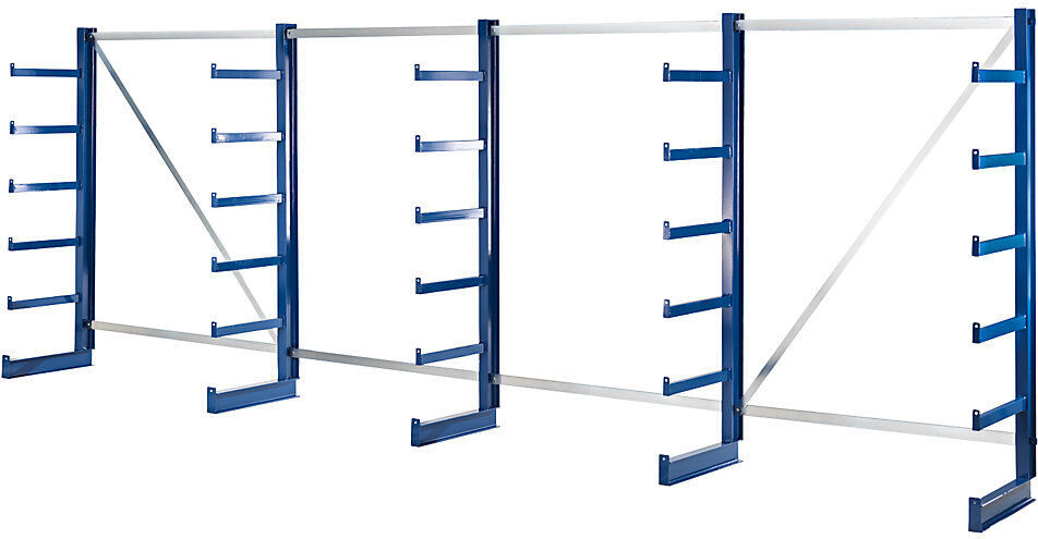 Kragarmregal mit identischer Kragarm-Länge, Regallänge 5400 mm, einseitig, enzianblau eurokraft pro
