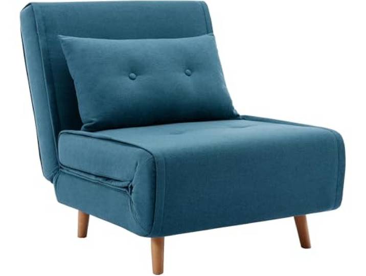 Vente-unique - Schlafsessel 1 Person Uribia - Stoff Blau Zusätzliche Kissen Füße aus Naturholz Einfach zu bedienen