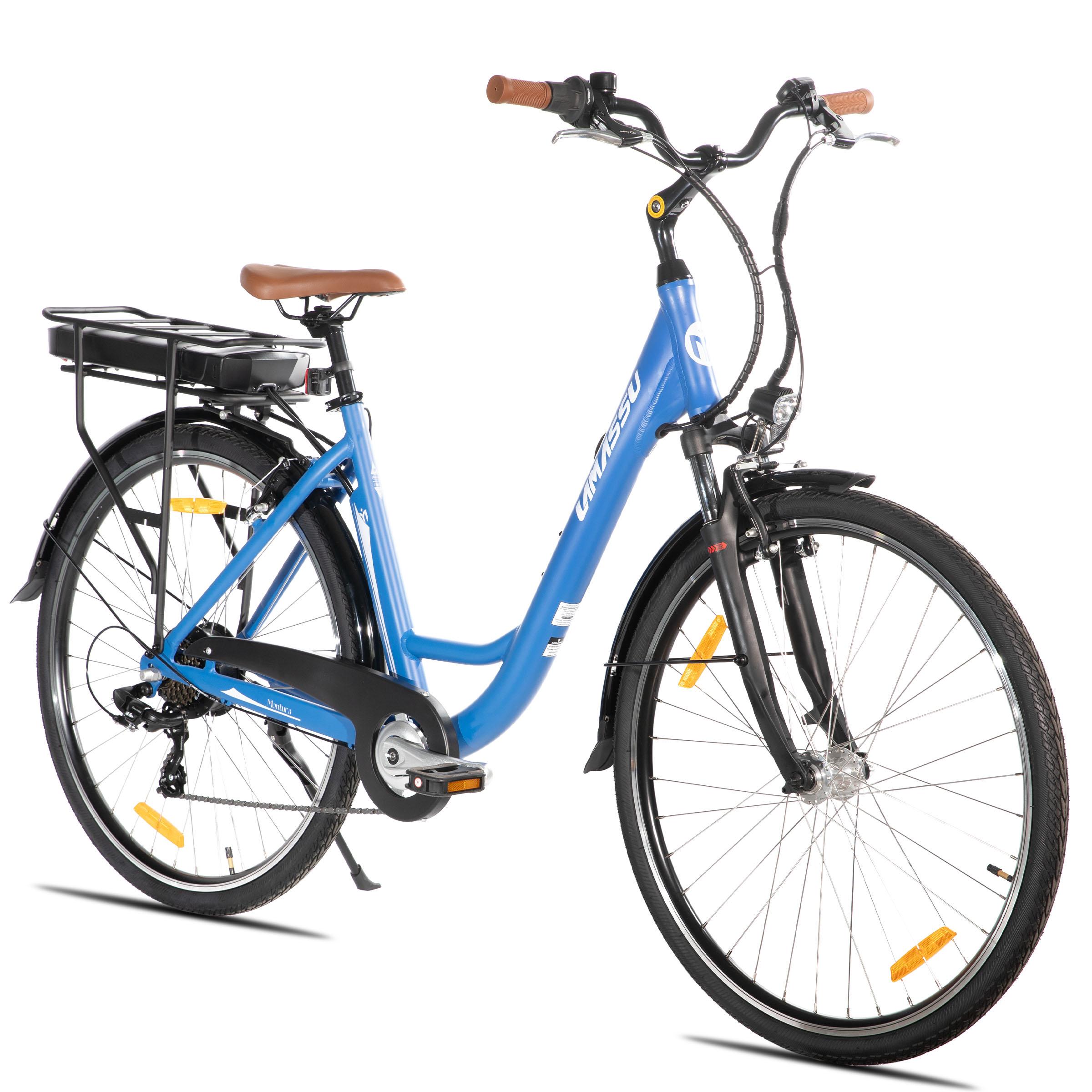 Hiland 28-Zoll-E-Bike für Erwachsene für den Stadtverkehr, 7 Gänge, Aluminiumrahmen, zwei V-Bremsen, 250-W-Motor, 36-V-Akku mit 10,4 Ah